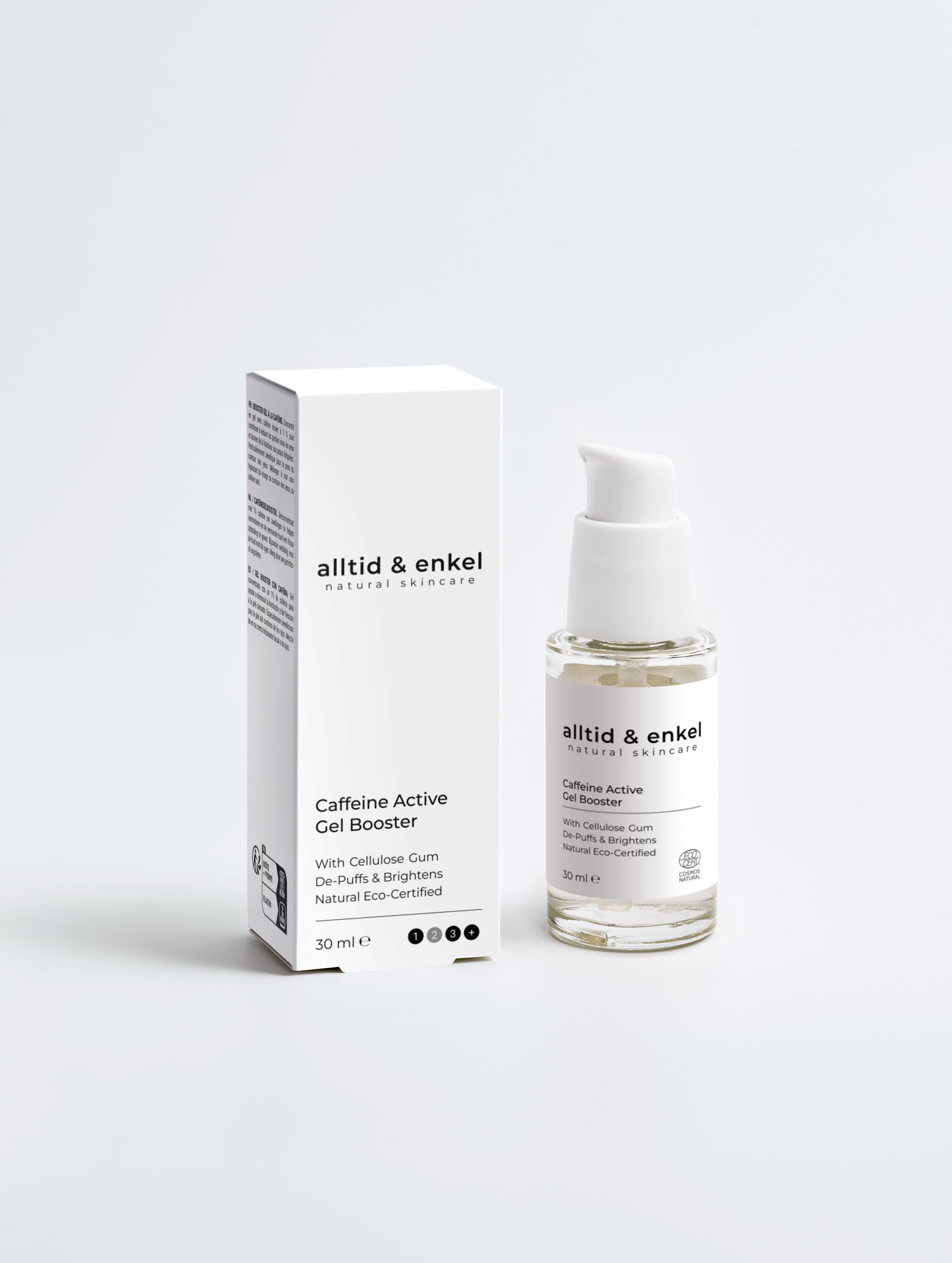 Caffeine active gel booster in a sleek white bottle with box on a white background, 30 ml.